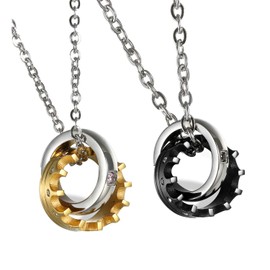 Flongo Men's Womens 2PCS Stainelss Steel Queen King Crown CZ Valentine Pendant Necklace, 22 inch and 18 inch Chain