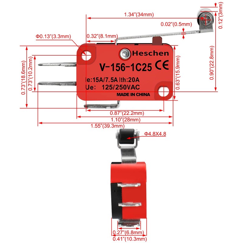 Heschen Micro Switch, V-156-1C25, 7.5A 250VAC, Ith 20A, SPDT, Long
