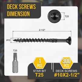 DTGN #10x2-1/2" Deck Screws - 50Pack - Good for Decks, Fences, Frames, Farms, Outdoor Furniture - Carbon Steel Wood Screws Decking Screws Epoxy Coated W/ T25 Torx Star Drive Bit - Black