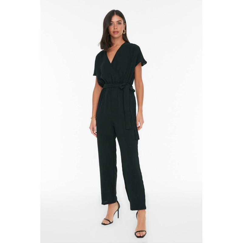 TRENDYOL Women's Belted Chest Collar Jumpsuit, black