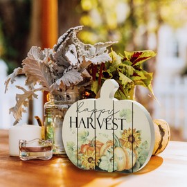 Glitzhome 9" H Thanksgiving Wooden Table Signs Decor Fall Happy Harvest Pumpkin Signs for Tabletop Farmhouse Thanksgiving Wood Blocks Thanksgiving Pumpkin Centerpiece Signs with Hang Hole Wall Decor