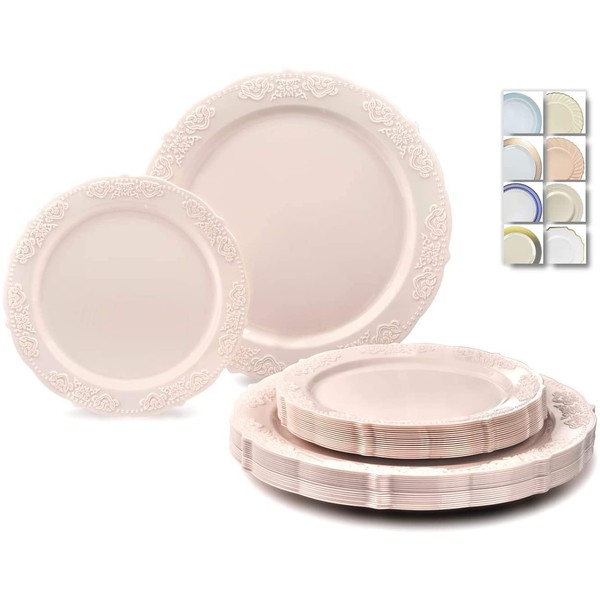 " OCCASIONS" 50 Plates Pack (25 Guests)-Vintage Wedding Party Disposable Plastic Plate Set -25 x 10.25'' Dinner + 25 x 7.5'' Salad/Dessert plates (Portofino in Light Pink)