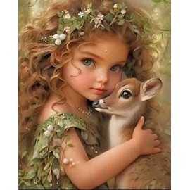 ACEO Art Card Pretty young Girl with a Young Fawn Very Eco Looking with Flowers