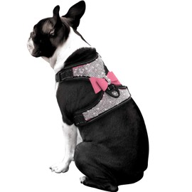 Beirui Rhinestone Dog Harness - Reflective Bling Nylon Dog Vest with Sparkly Bow Tie for Small Medium Large Dogs Walking Party Wedding,Pink,L