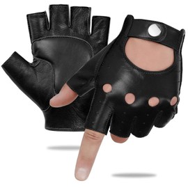 GSG M161078 Men's Fingerless Leather Gloves Unlined Half Finger Leather Driving Gloves Sheepskin, black