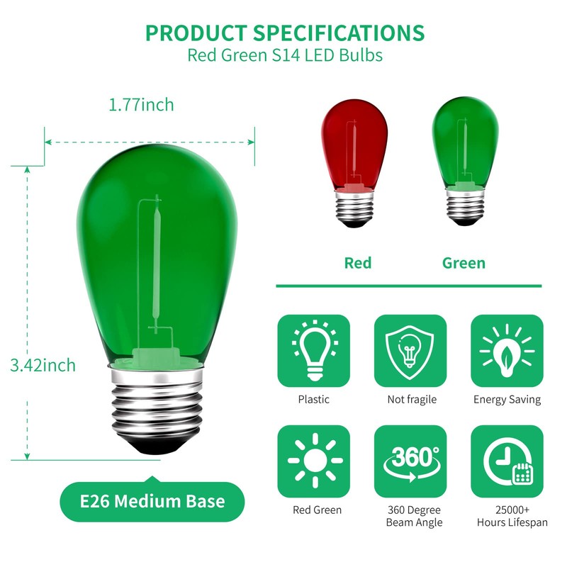 S14 Colored LED String Light Bulbs, 24-Pack 1W Plastic Shatterproof