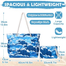 Kasgo Beach Bag for Women, Large Water Resistant Summer Tote Bags Lightweight Sandproof Pool Bag Zipper Gym Bag Shoulder Bags with Small Pouch for Travel Shopping Camping, Blue Wave
