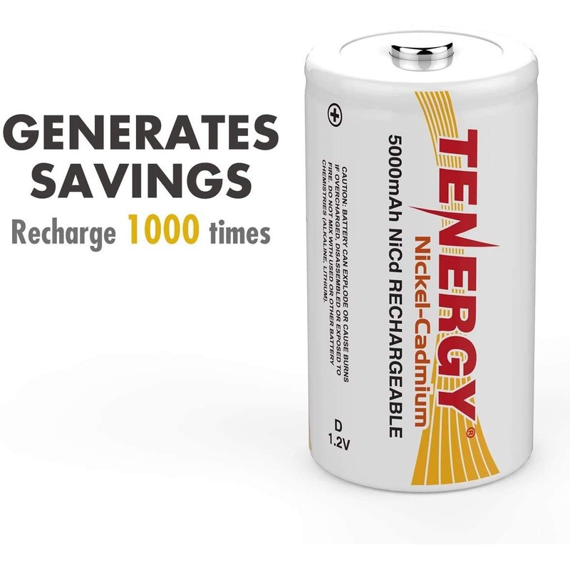 Tenergy Combo: 8pcs D Size 5000mAh NiCd Button Top Rechargeable