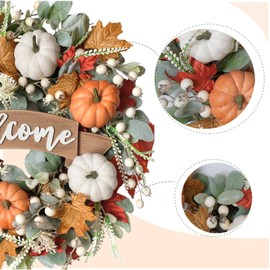 Egolot 24 Inch Fall Pumpkin Maple Leaves for Front Door, Autumn White Orange Pumpkin Greenery Leaves Wreath for Indoor Outdoor, Welcome Sign Pumpkin Wreath