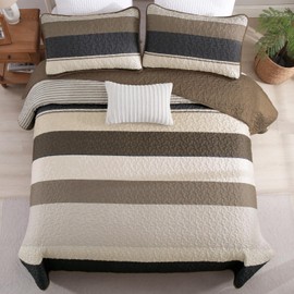Queen Quilt Set, Striped Bedspread Coverlet Bed Light Brown Bedding Sets 3 Pieces Micofiber Lightweight Boho Quilts Sets with 2 Pillow Shams for Summer 96''x90