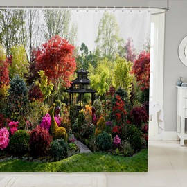 Loussiesd Natural Shower Curtain 180x200cm 3D Garden View Flowers Trees Waterproof Shower Curtain Outdoor Nature Scenery Waterproof Cloth Fabric Bathroom Decor Set with Hooks