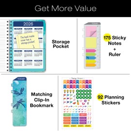 HARDCOVER 2025 Planner, 5.5"x8": 14 Months (November 2024 - December 2025), Daily Weekly Monthly Planner, Yearly Agenda, Bookmark, Pocket Folder and Sticky Note Set (Dragonflies)