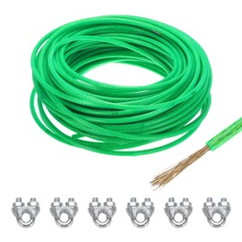 MECCANIXITY 6mm (1/4 inch) Green Vinyl Coated Galvanized Steel Wire Rope, 30m /98ft with 6PCS M6 Loop Sleeves for String Light Hanging, Deck Railing, Garden Wire
