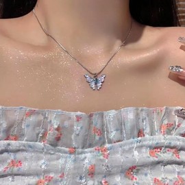 Atentuyi Boho Multicoloured Butterfly Necklace Silver Butterfly Pendant Necklace Thin Chain Necklace Choker Enamel Pink Blue White Necklace Jewellery for Women and Girls