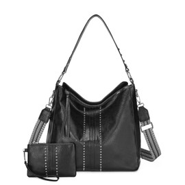 Pinprin Hobo Bags for Women Crossbody Shoulder Bag Purse Set Ladies Vegan Leather Tote Handbag Black Wallet with 2 Straps