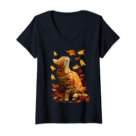 Womens Colorful Tabby Cat with Fall Leaves Forest Autumn Aesthetic V-Neck T-Shirt