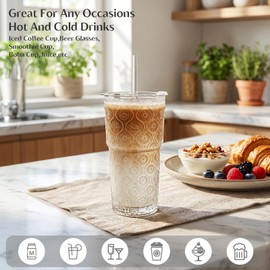 INSETLAN 20oz Begonia Flower Glass Tumbler Set of 4 – Thickened Glass Cups with Lids and Glass Straws for Iced Coffee, Smoothies, Milk, Water, and More – Elegant& Durable Drinkware