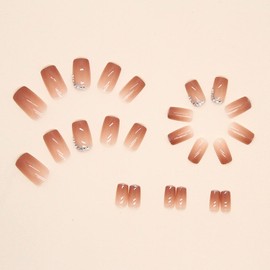 FRUZJAY Press-on Nails Short, Square, Pink, 24 Pcs, Full Cover, Glossy, False Nails with Rhinestones & Glitter Design, 1 Set, 1 Pack