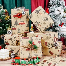 Christmas Wrapping Paper Sheets, 8 Sheets Kraft Christmas Wrapping Paper Set for Men Women Kids, Christmas Tree, Santa Claus, Reindeer Gift Wrapping Paper for Xmas New Year Holiday Party, 20×28 inch