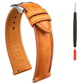 Gomvadr Quick Release Leather Watch Band, Tan/Silver Buckle, 22mm