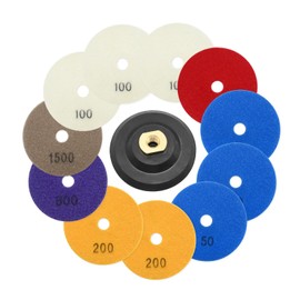 EATAKWARD 11Pcs Diamond Polishing Pads 4 Inch with 1Pc Backer Pad Diamond Concrete Polishing Pads Wet Dry Set 50 100 200 400 800 1500 Grit for Granite Concrete Marble Quartz Polishing 11+1 Pack