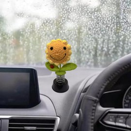 JOPOYOCO Handmade Knitted Sunflower Car Accessories,Sunflower Dashboard Decorations,Crochet Smiley Sunflower Gadgets Car Décor for Women Girl Car Interior Desk Ornaments