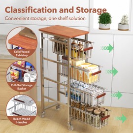 Ultra Slim 5-Tier Rolling Storage Cart for Narrow Spaces, Thin Metal Utility Rack with Removable Drawers, Kitchen Bathroom Vegetable Fruit Organizer, 34.3x9.3x15.7in