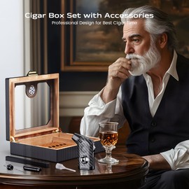 Cigar Humidor, Cedarwood Lined, with V-Cut Cigar Torch Lighter, Draw Enhancer & Punch 2-in-1 Tool, Hygrometer, Humidifier, Desktop Humidor Cigar Box for 20-25 Cigars, Cigar Accessories Gifts for Men
