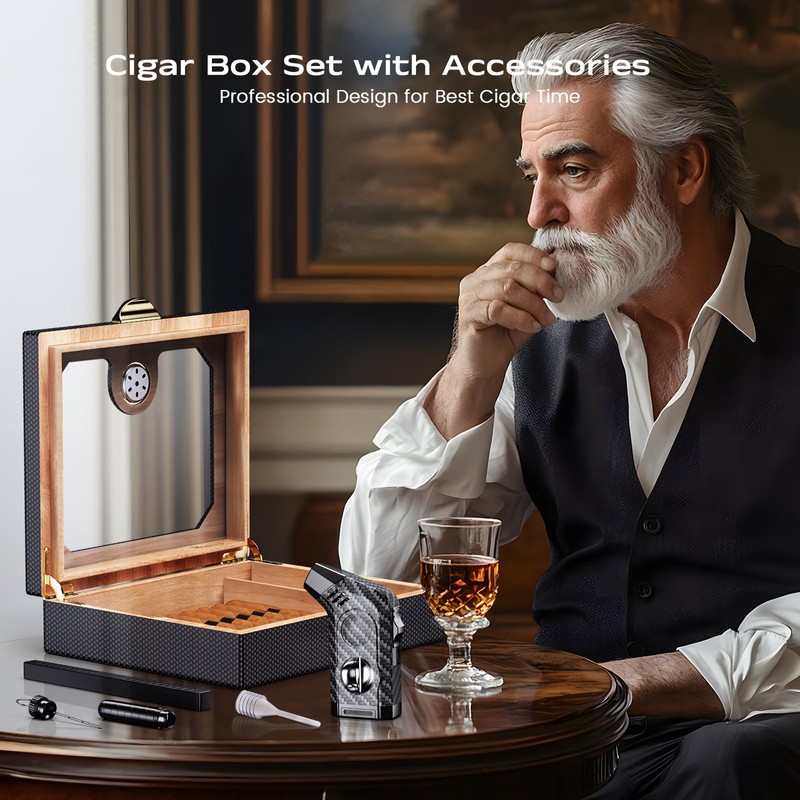 Cigar Humidor, Cedarwood Lined, with V-Cut Cigar Torch Lighter, Draw