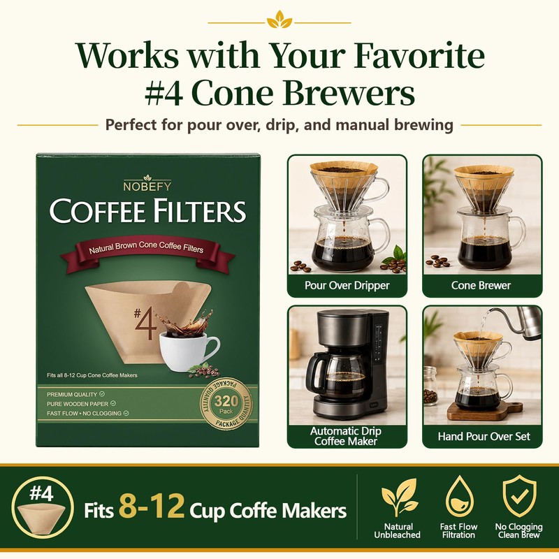 320 Count #4 Cone Coffee Filters for 8-12 Cup Drip