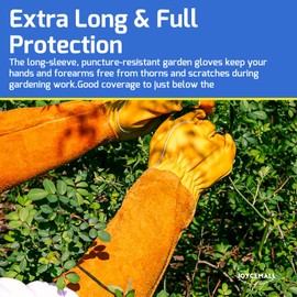JOYCEMALL Long Leather Gardening Gloves for Women/Men, Rose/Blackberry Pruning Thorn Proof Thick Palm Cowhide Leather Gloves with Forearm Protection for Yard & Outdoor Work - Yellow - S