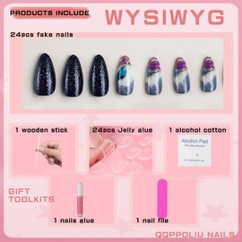 QQPPOLIU Medium Almond Press on Nails Press Ons Acrylic Nails Blue Fake Nails with Gold Curve and Glitter Design Glue on Nails Holiday Gift for Women 24pcs