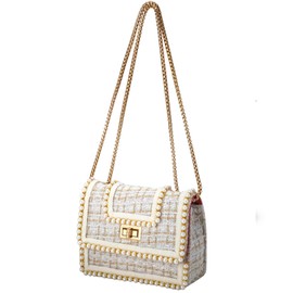 KERYHEBN Crossbody Bag Clutch for Women Small Handbag Vintage Tweed Pearl Chain Purse Evening Satchel Shoulder Bag Cross body, White2