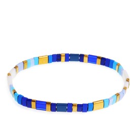 Sonateomber Tila Flat Beaded Stretch Bracelets for Women, Trendy Stackable Royal Blue Light Blue White Gold Glass Square Beads Stack Bracelet Beach Jewelry Gift