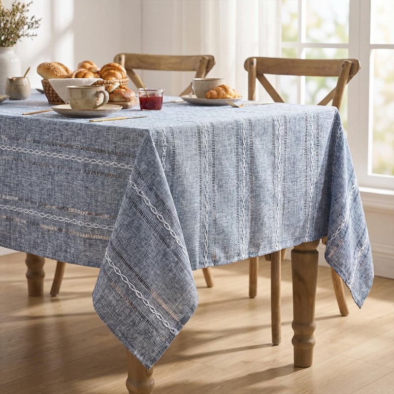 Horaldaily Blue Cotton Blend Tablecloth 60×84 Inch Rectangular, Farmhouse Style,