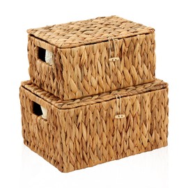 Edergoo Wicker Basket with Lid, Water Hyacinth Storage Baskets for Shelves, Large & Small Wicker Storage Basket with Lid and Built-in Handles, Hand Woven Wicker Baskets for Storage 2 Pack