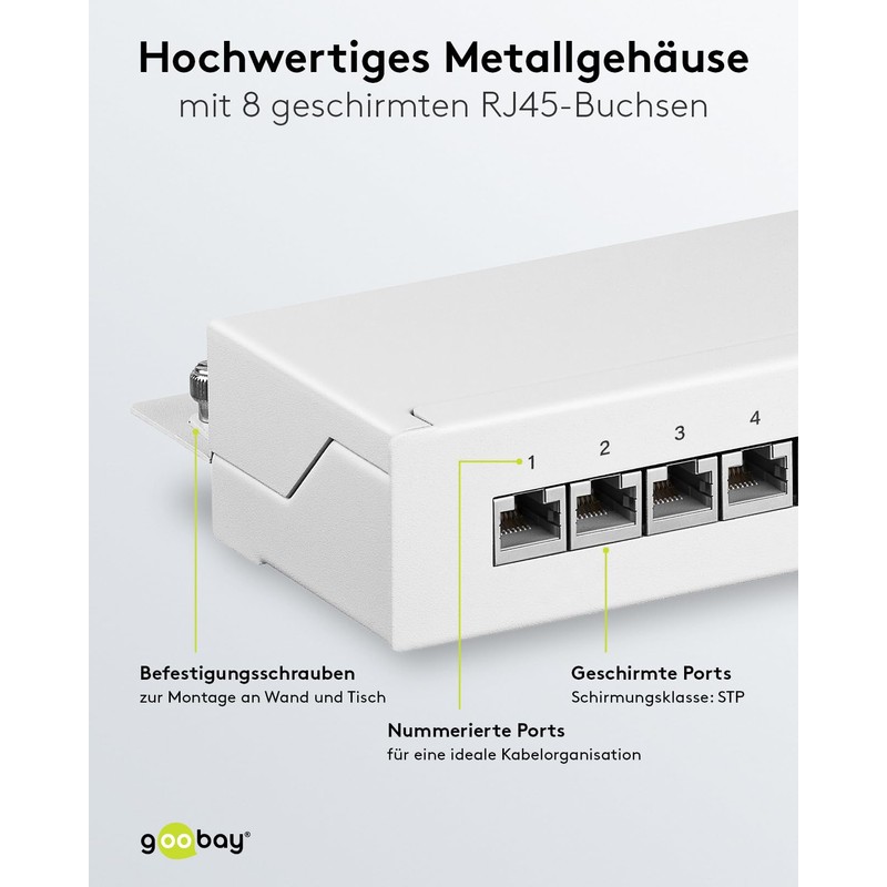 CAT 6 Mini/Desktop Patch Panel, 8 Port, White - STP