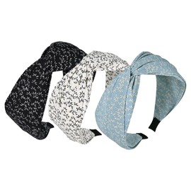 Yonchic 3-Piece Flower Print knotted Headbands for Women, Cute Fashion Women’s Wide Thick Cloth Floral Headband, Trendy Soft Hair Bands Accessories for Girls (Black & White & Blue)