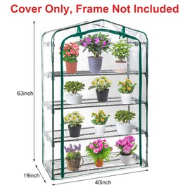 Extra Wide 4 Tier Greenhouse Replacement Cover- 63 x 40 x 19 Inch Clear PVC Plant Gardening Greenhouse Cover with Roll-Up Zipper Door for Gardening Plants Flowers (Frame Not Include)