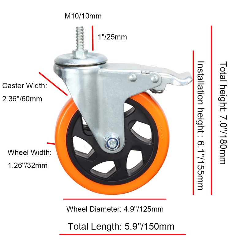 Heavy Duty Stem Caster Wheels M10-1.5X25mm Dual Locking No Noise