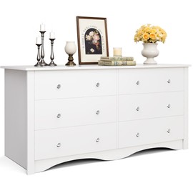JUMMICO Dresser for Bedroom, 6 Wood Dresser Drawers, Wide Chest of Drawers, TV Stand, Modern Design for Bedroom, Living Room, Hallway, Entryway (White)