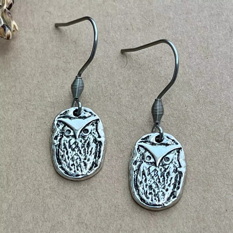 Duct Tape and Denim Owl Earrings, Artisan Coin Charm