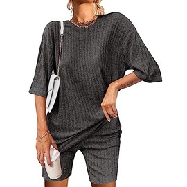 Ekouaer Pajamas 2 Piece Lounge Sets Ribbed Knit Matching Outfits T-shirt Biker Shorts Sleepwear Loungewear Sweatsuits Black Grey X-Large