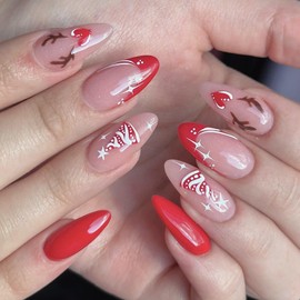 Christmas Press on Nails Medium Almond Fake Nails with Love Heart Elk Christmas Tree Designs Red French Tip False Nails Glossy Glue on Nails Acrylic Nails Stick on Nails for Women Girls 24Pcs