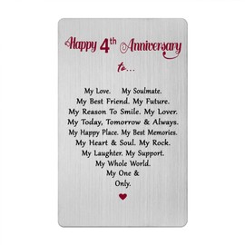 4 Year Anniversary Card for Men Women Him Her- Romantic 4th Four Fourth Anniversary Keepsake Gifts for Husband Wife