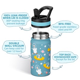 Fanhaw 420 ml Kids Insulated Water Bottle with Straw - Stainless Steel Double Wall Vacuum Cup, Leakproof, BPA Free, Suitable for Boys and Girls(Cyan - Duck in Space)