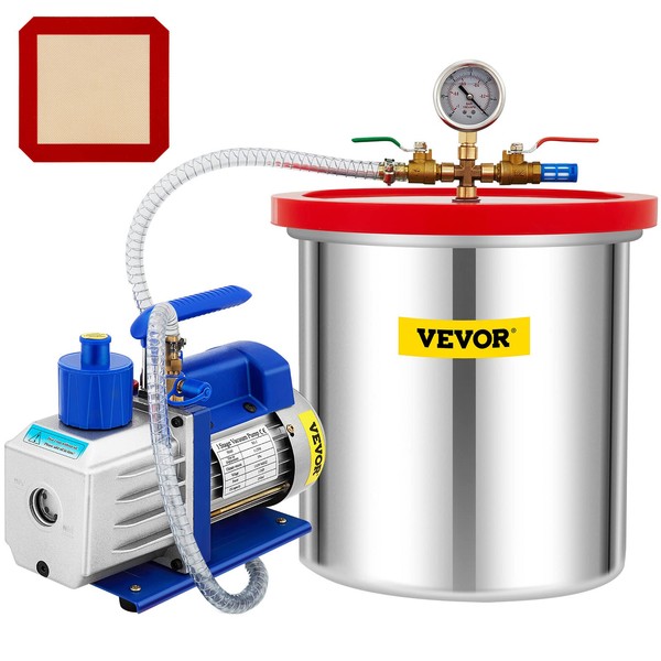 VEVOR Vacuum Chamber with Pump, 5 Gallon Vacuum Chamber Acrylic Lid, 5CFM 1/2 HP Single Stage Rotary Vane Vacuum Pump, 110V HVAC Air Tool Set for Resin Casting, extracting Essential Oil etc.