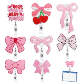 Nurse Badge Reels, Pink Bow Retractable ID Holder with 360° Swivel Clip, Durable Fabric Patch Design, Smooth Pull Cord for Scanning, Ideal for Nurses, Teachers, Office Staff