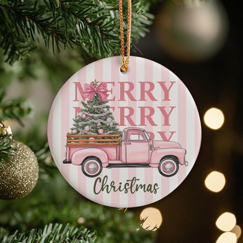 Pink Truck Merry Christmas Ceramic Hanging Ornament Gifts