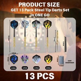 12 Pack Steel Tip Darts Set, Prefessional Metal Tip Darts with 1 Dart Sharpener 4 Color Premium Shafts, PET Flights for Beginner or Professional
